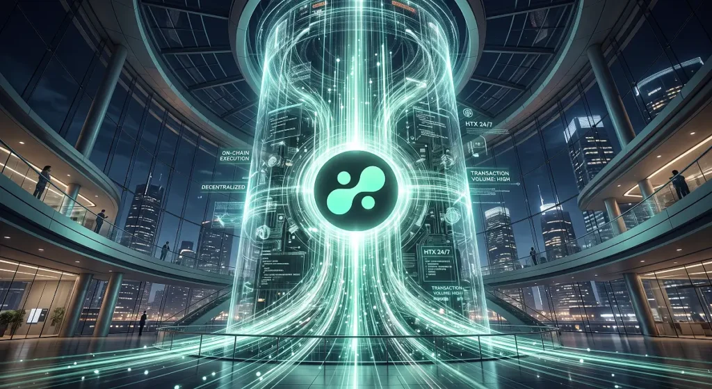 Futuristic glowing data terminal processes high-speed network transactions uninterruptedly without centralized banks.