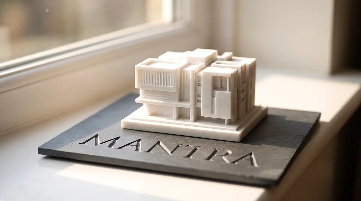 White marble architectural building model resting on slate base with MANTRA engraved on it.