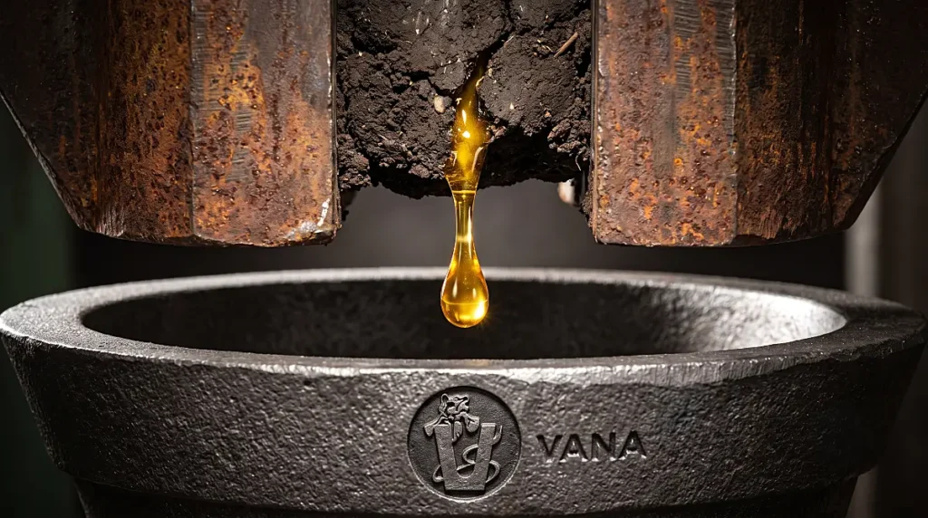 Heavy rusted industrial press extracting golden resin into a pristine forged iron collection basin with Vana engraving