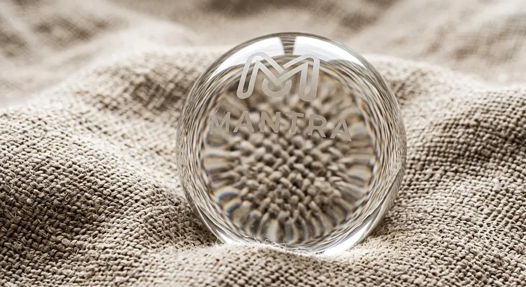Clear glass orb with MANTRA logo resting on textured fabric.