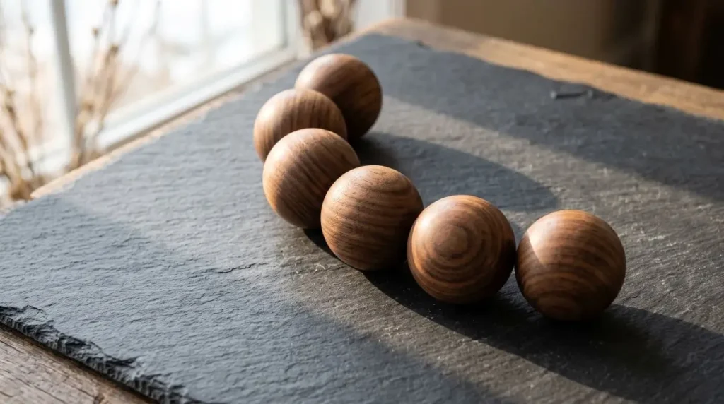 Polished wooden spheres arranged in perfect geometric arc showing decentralized tribal network