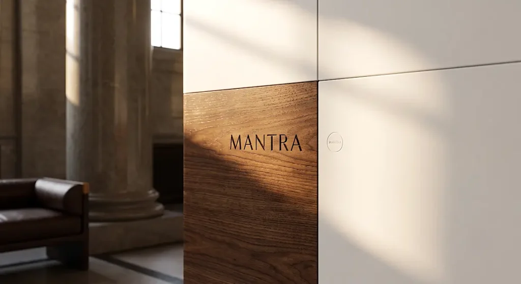 Modern wall panel featuring carved wooden detail with MANTRA brand lettering.