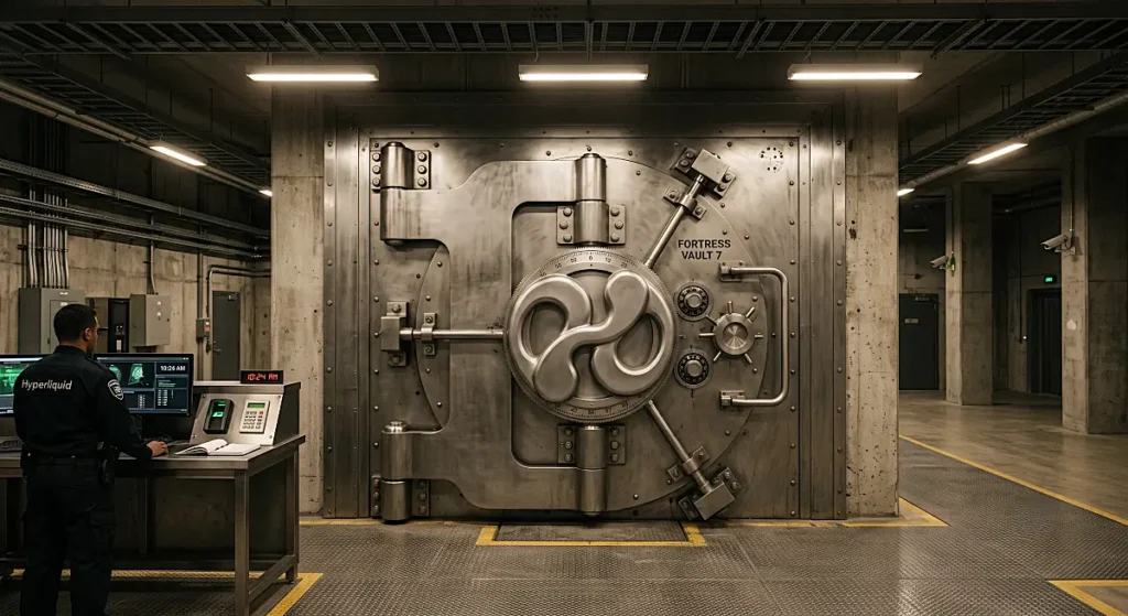 Heavy steel vault guarded by security personnel symbolizes the independent financial strength and self-funded reserves of the Hyperliquid HYPE Token.