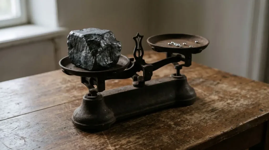 Antique cast iron weighing scale unbalanced by heavy metal stone illustrating supply centralization