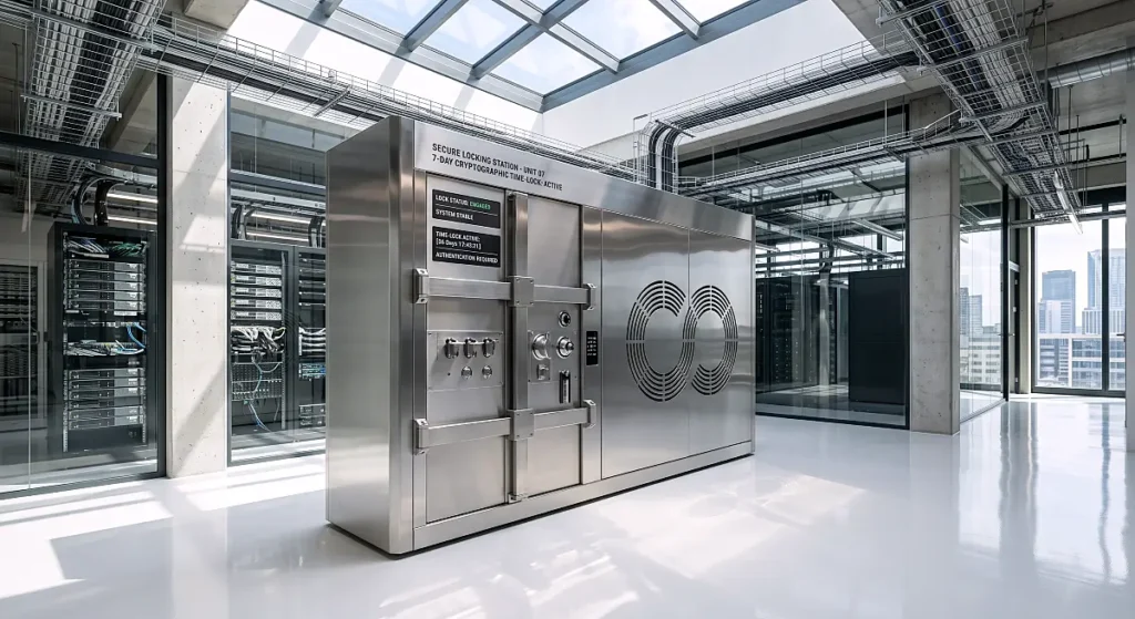 State-of-the-art cryptographic time-lock terminal secures network assets against sudden malicious attacks.