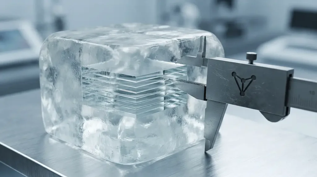Delicate transparent glass data plates frozen entirely inside a solid block of thick hardened cloudy resin while a titanium extraction caliper bearing a geometric node logo attempts to pull them out
