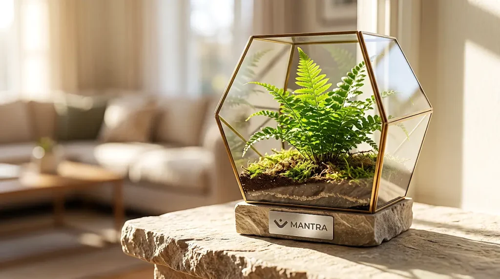 Glass geometric terrarium with green ferns sitting on stone base featuring MANTRA metal plate.