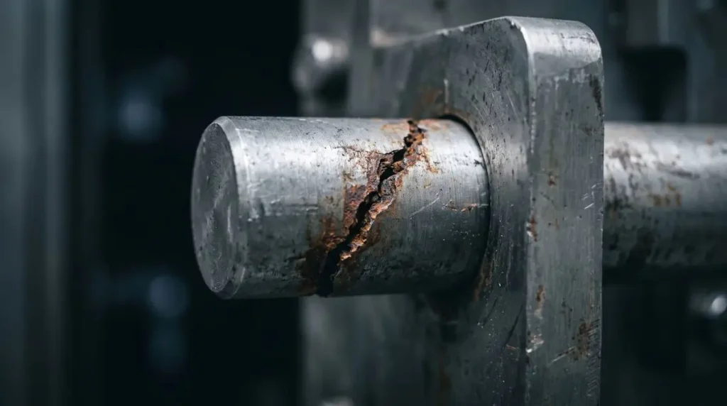 Thick steel locking bolt showing deep rust fracture highlighting structural smart contract risks