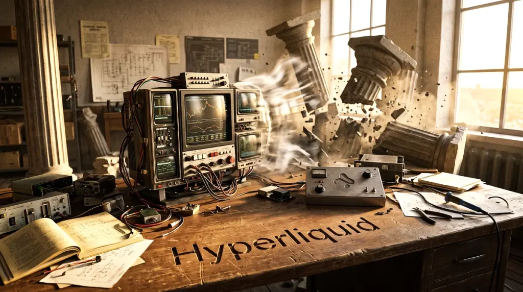 Chaotic workstation with broken classical pillars represents volatile market shifts and sudden ecosystem upgrades.