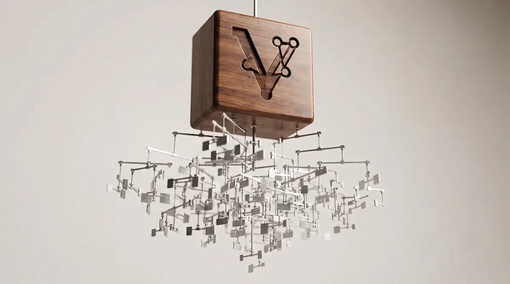 Solid polished wooden block with a deeply carved geometric V logo suspended from a single anchor, supporting a fragile, sprawling mobile of tiny interconnected nodes beneath it.