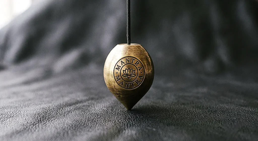 Brass weight pendulum stamped with MANTRA lotus logo hanging against dark background.