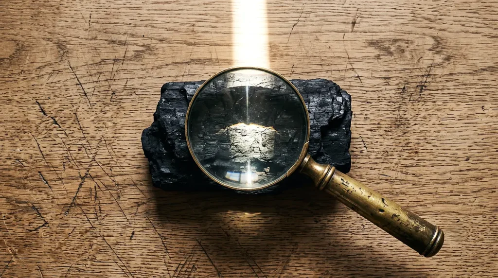 Vintage magnifying glass focusing sunlight onto dark stone during forensic blockchain investigation