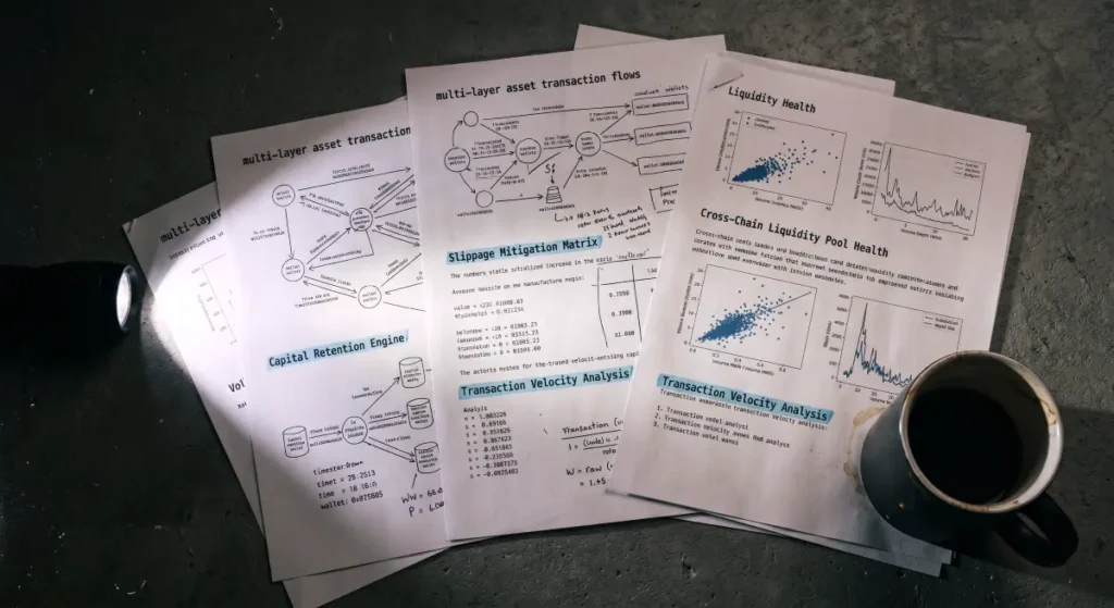 A raw, documentary-style forensic photo for Aerodrome Finance Review, capturing the transaction flowcharts and capital retention metrics.