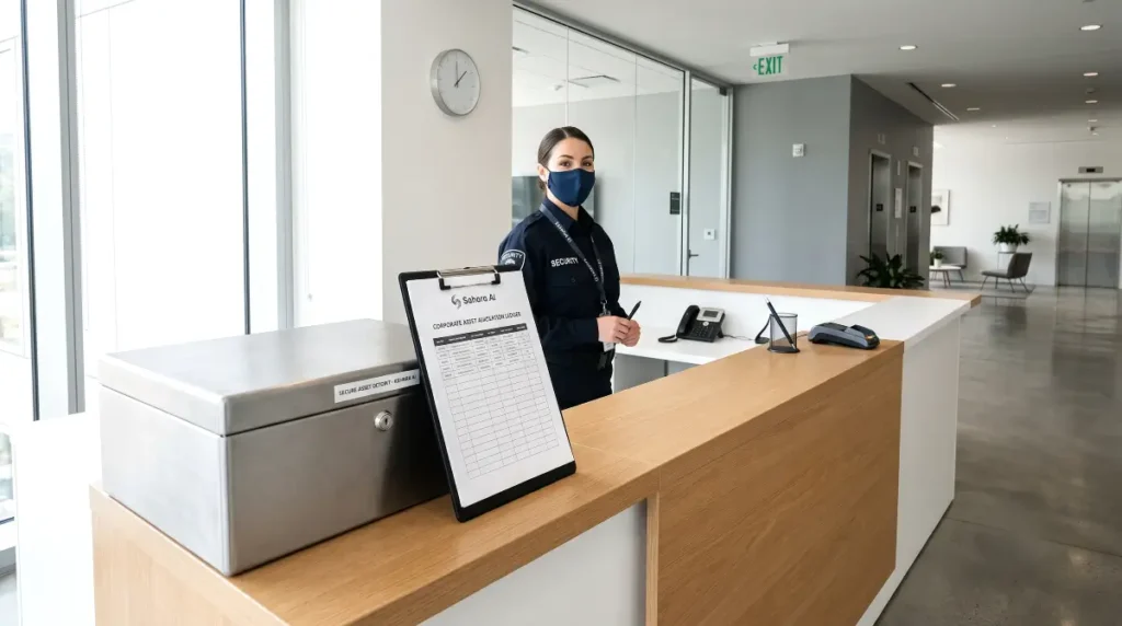 Security officer standing at corporate reception desk next to secure asset lockbox, physically representing blockchain asset protection.