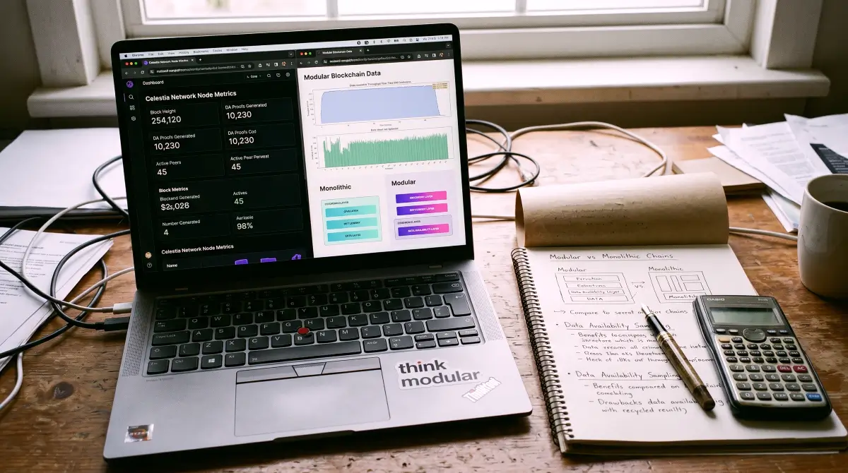A documentary-style photo for Celestia Token Review, showing a modern laptop with a matte screen protector displaying modular blockchain data and data availability node performance on a clean wooden desk.