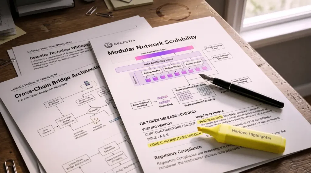 A close-up forensic view of Celestia tokenomics documents highlighting the TIA token release schedule and vesting periods, analyzed by Cryptosmedia.