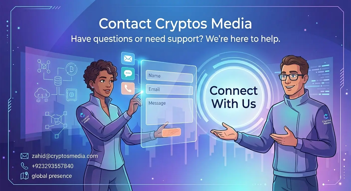 A futuristic digital illustration for the Contact Us page of Cryptos Media, showing modern support icons and a blockchain-themed connectivity interface.