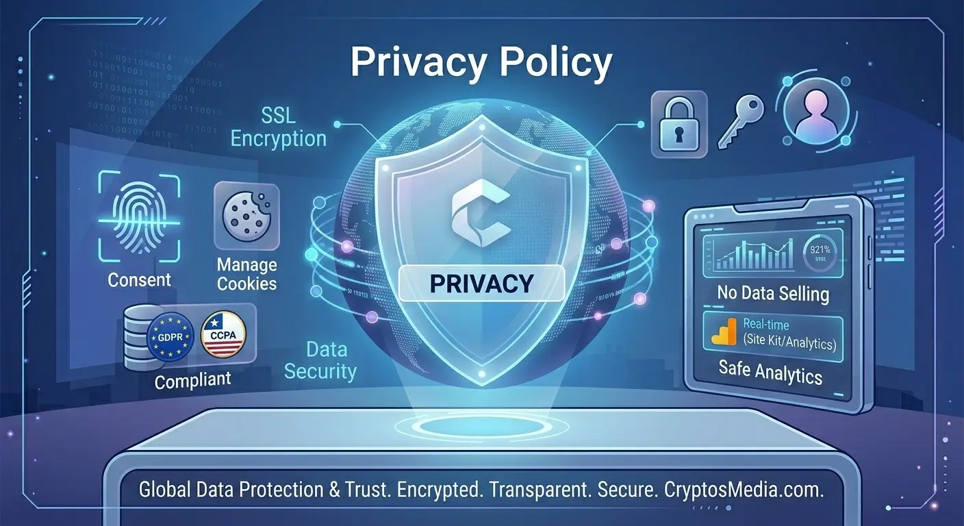 A high-tech digital security illustration for the Cryptos Media Privacy Policy page, representing SSL encryption and data safety.