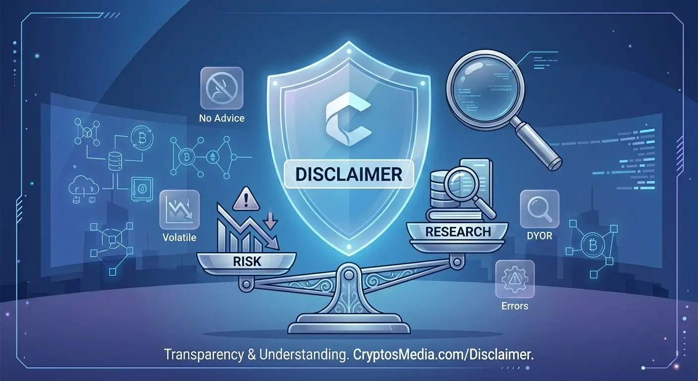 A professional disclaimer and risk warning illustration for Cryptos Media website featuring a digital shield and crypto research symbols.