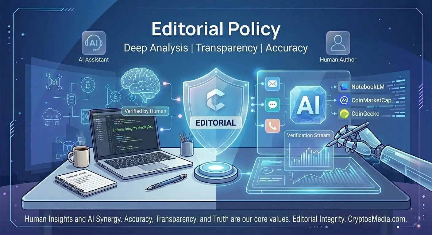 A professional illustration showing the editorial process at Cryptos Media, blending human analysis with advanced AI research tools.