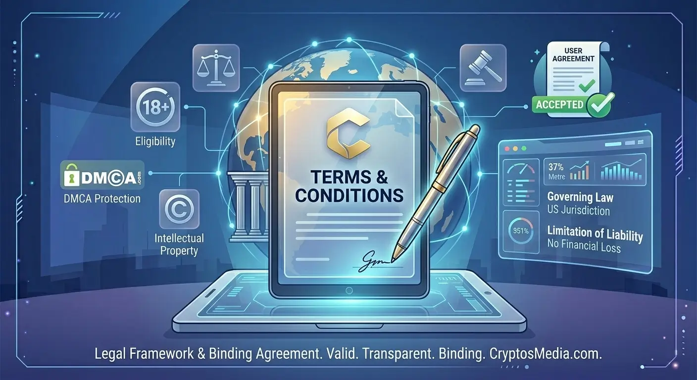 A professional digital illustration for the Terms and Conditions page of CryptosMedia, showing legal symbols and a secure agreement interface.