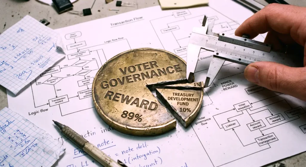 A raw, forensic close-up documentary photograph analyzing the 1%, 89%, 10% block reward split engraved on a worn Decred coin for the Technical Audit.
