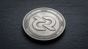 A raw, documentary-style close-up photograph of a physical metallic Decred coin for the Decred Technical Audit on Cryptosmedia.