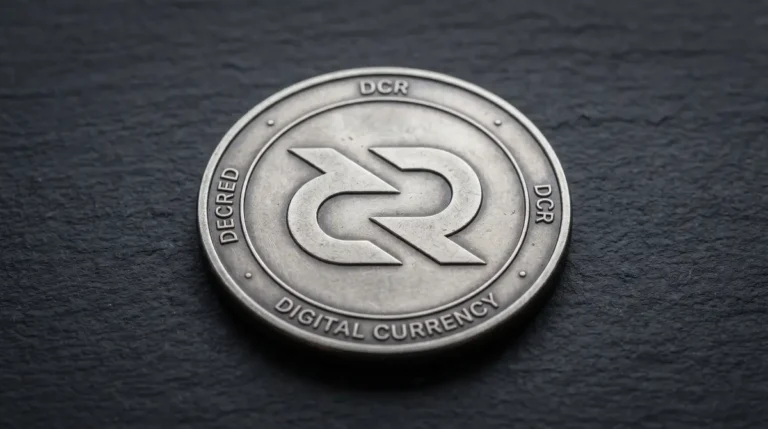 A raw, documentary-style close-up photograph of a physical metallic Decred coin for the Decred Technical Audit on Cryptosmedia.
