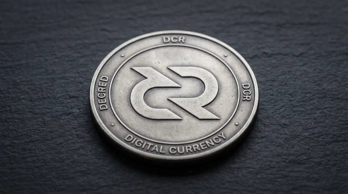 A raw, documentary-style close-up photograph of a physical metallic Decred coin for the Decred Technical Audit on Cryptosmedia.