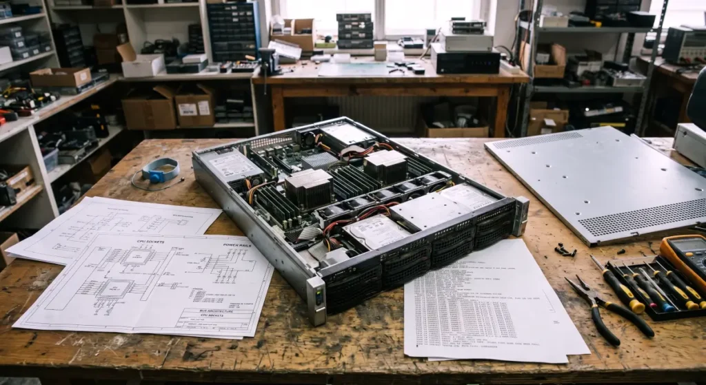 An open server chassis on a wooden workbench with technical blueprints and printed system logs detailing parallel processing nodes.