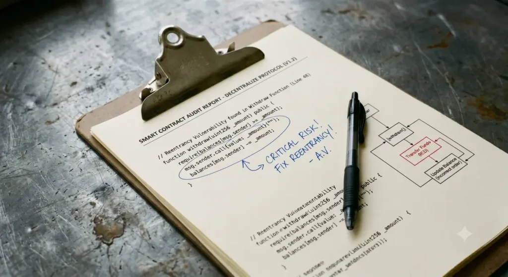 A printed smart contract audit report on a clipboard showing a highlighted reentrancy vulnerability loop and technical execution flowcharts.