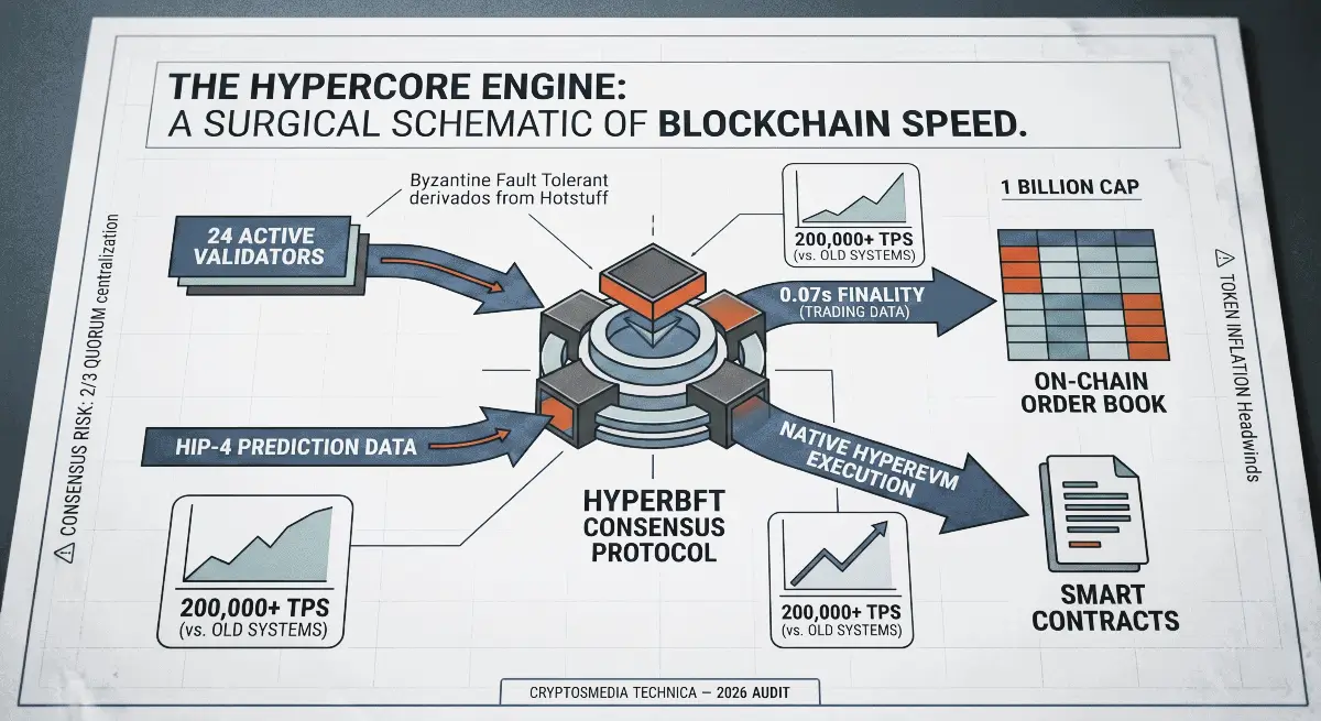 Technical schematic of Hyperliquid (HYPE) network architecture showing HyperBFT consensus, 200k TPS speed, and validator structure for CryptosMedia 2026 audit.
