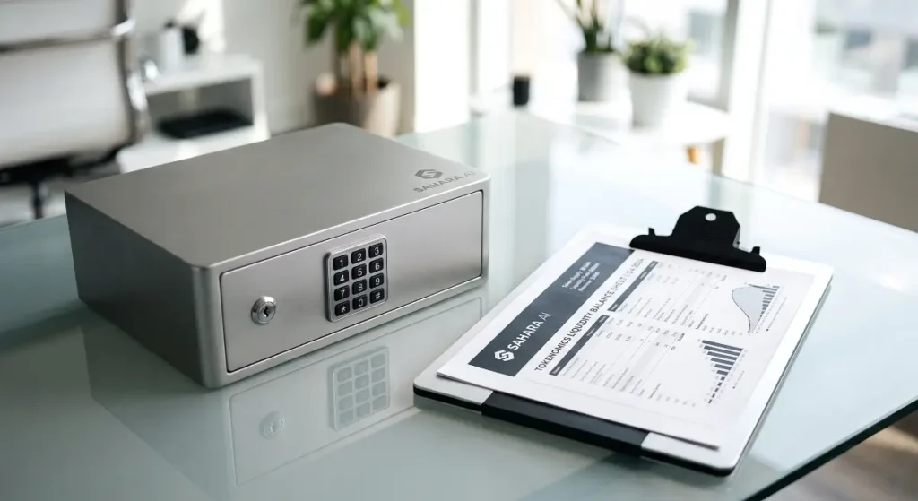 Secure silver lockbox placed next to tokenomics liquidity balance sheet showing locked asset supplies tied directly to Sahara Crypto Scam.