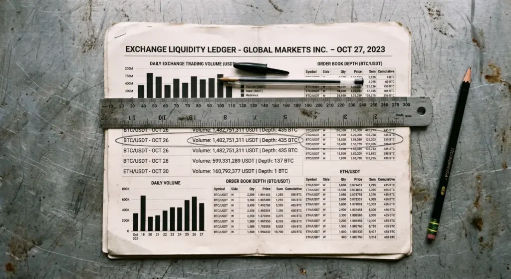 Printed financial ledger on a metal desk showing market order book depth and exchange trading volume charts for Monad.