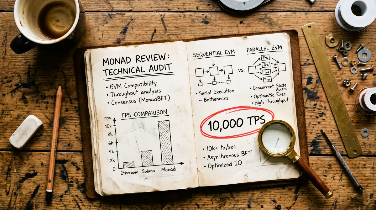 Monad Review technical audit showing 10,000 TPS comparison chart on Cryptos Media.