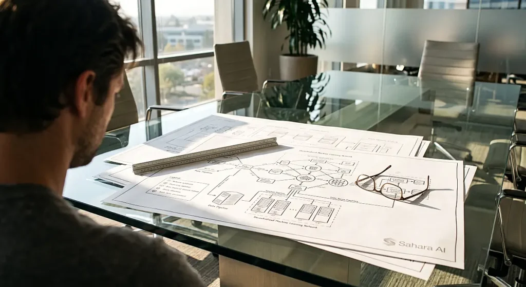 Auditor reviewing architectural blueprints detailing decentralized machine learning network on glass office desk.
