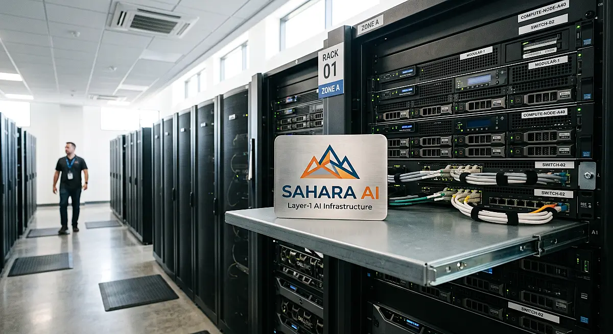 Physical metal badge displaying Sahara AI inside server room, forming core part of our investigation into Sahara Crypto Scam.