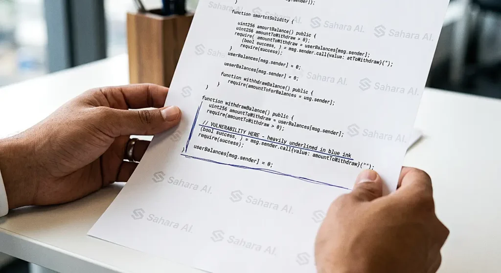 Technical auditor holding printed smart contract source code with critical security vulnerability heavily underlined in blue ink.