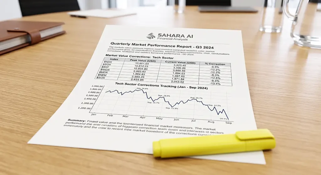 Printed quarterly market performance report showing steep downward chart alongside severe price corrections.