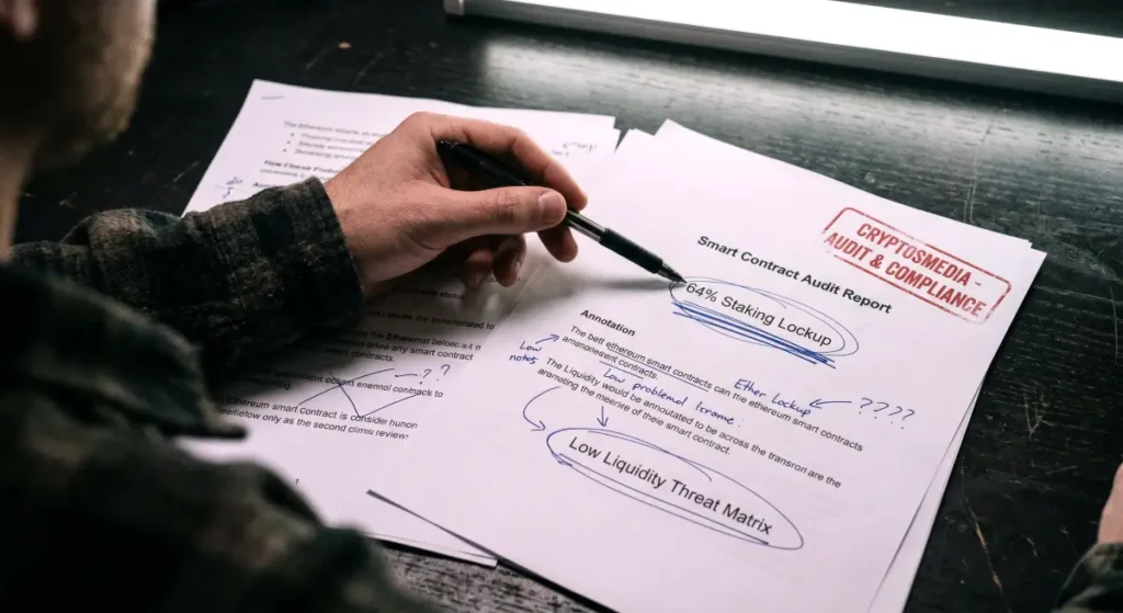 A forensic documentary close-up photo for Decred Technical Audit, featuring audited ledger documents with handwritten liquidity risk notes.