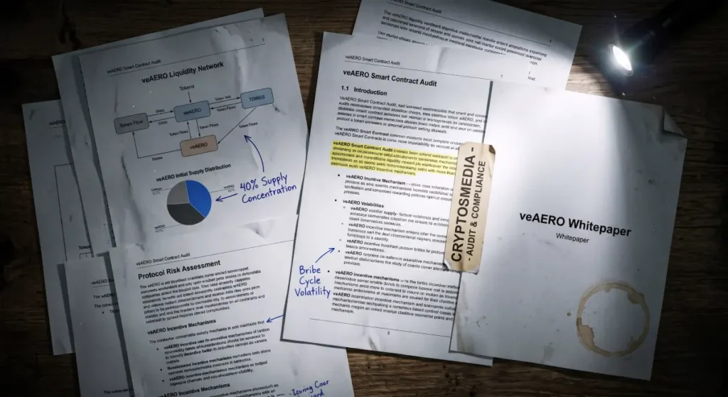 A forensic documentary close-up photo for Aerodrome Finance Review, featuring official audited whitepaper documents with hand-written regulatory notes.