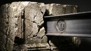 Massive ancient stone block deeply fractured by a solid forged steel beam with Vana logo physically stamped into the metal