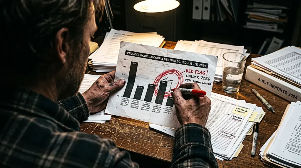 An investigator using a red marker to highlight token unlock risks and vesting schedules on a printed Arkham Intelligence Asset tokenomics bar chart.