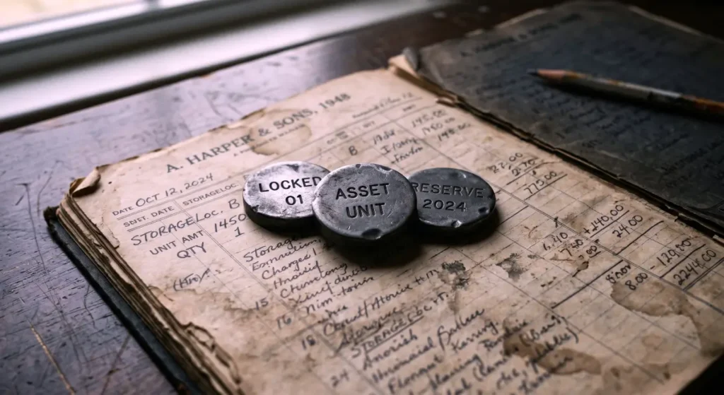 A documentary-style close-up showing heavy matte metallic ASTER tokens resting on a vintage ledger, representing the locked supply risk.