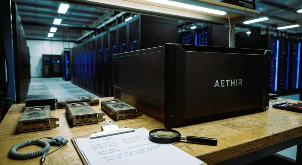 Forensic matte photo of massive Aethir enterprise server compared to a small dusty consumer GPU on a technical workbench