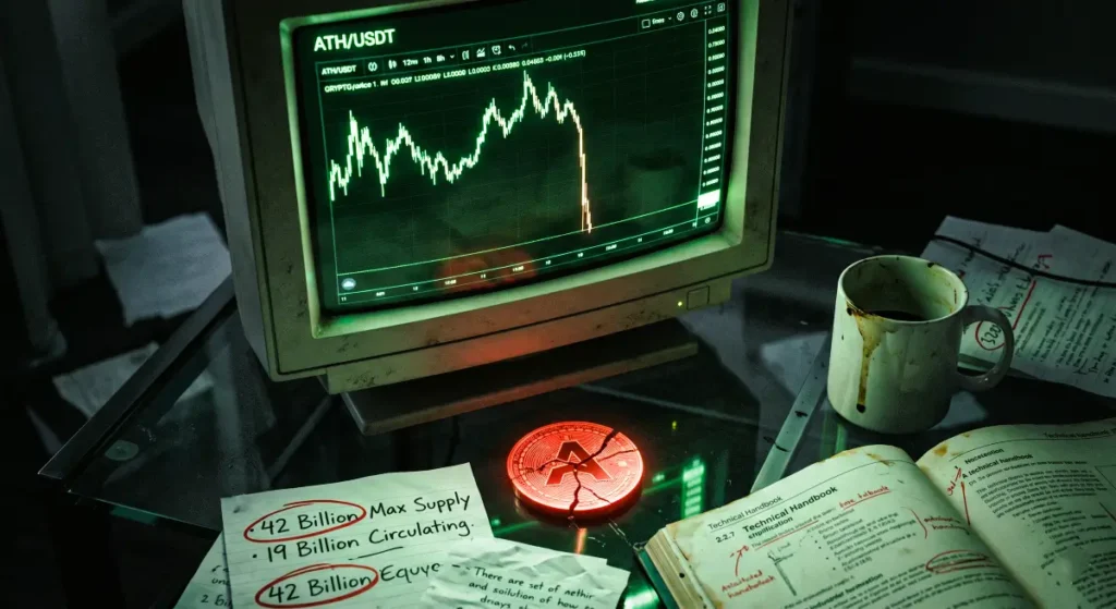 Forensic style photo of a crashed ATH crypto chart on an old monitor with a cracked Aethir coin and token supply notes