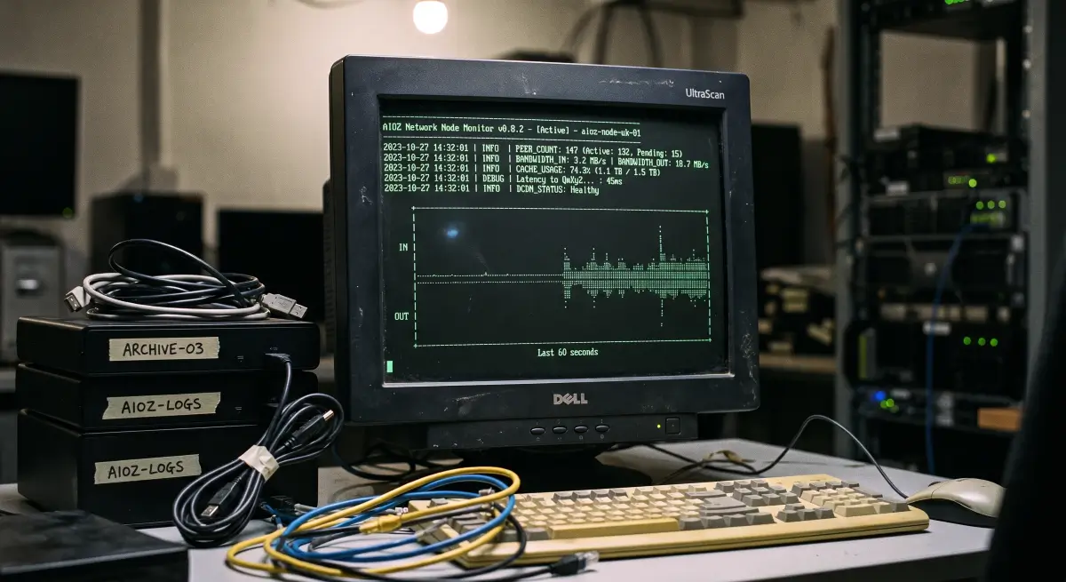 A raw, documentary-style photo for Aioz Network Review, capturing the actual technical dCDN edge node metrics.