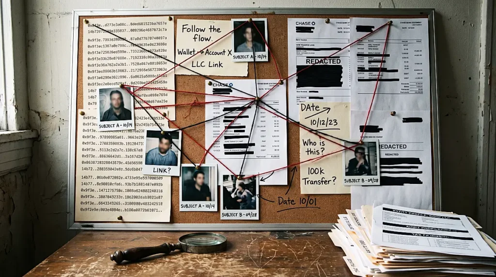 Physical investigator corkboard showing blockchain wallet addresses connected to real-world identities using red strings, representing Arkham Intelligence deanonymization.