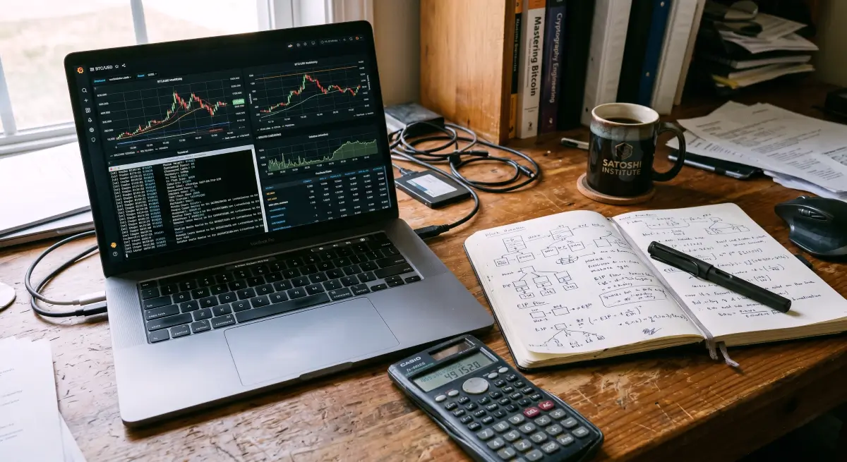 A documentary-style photo for Arkham Token Review, showing a modern laptop with a matte screen protector displaying blockchain data metrics on a clean wooden desk.