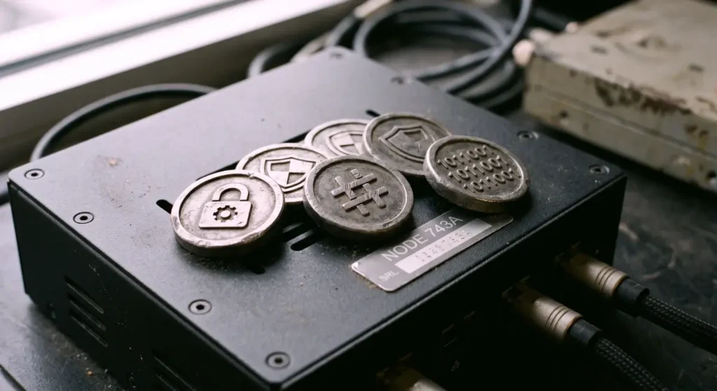 As part of Arkham Review, this gritty close-up photo shows dull, matte metallic tokens resting on top of a physical network hardware node.
